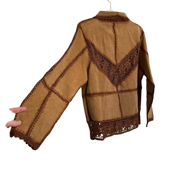 Vintage Y2K Carducci 100% Suede Crocheted Jacket Tan Brown Boho Western  Medium - Picture 6 of 14